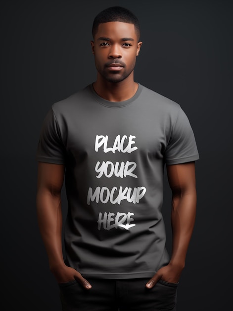 PSD african american male model grey t shirt mock up template