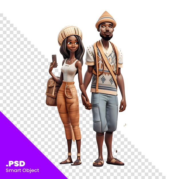 PSD african american man and woman standing on the sand with a mobile phone psd template