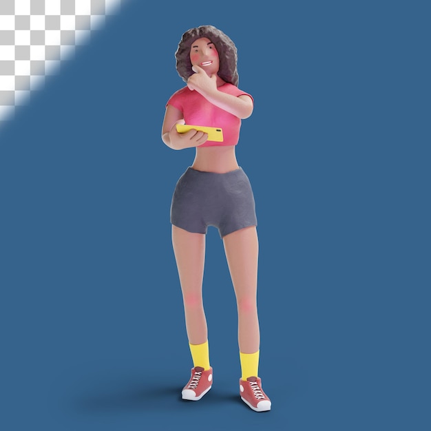 African american teenage girl thinking with smartphone 3d illustration