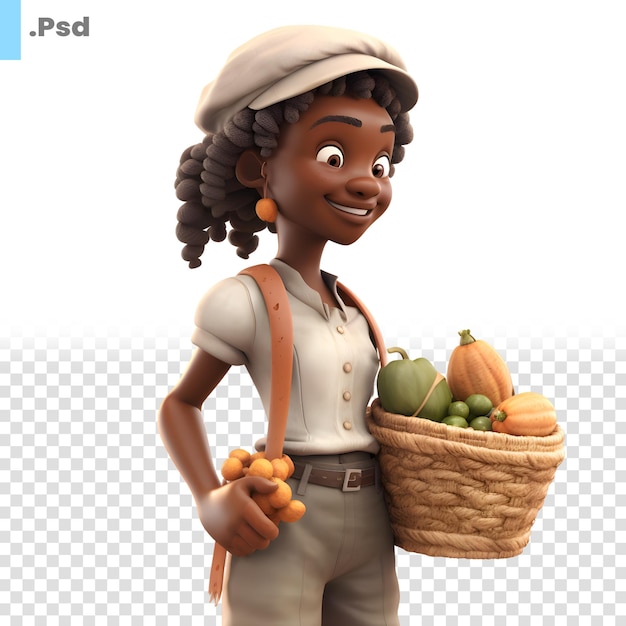 African american woman carrying a basket full of vegetables isolated on white background psd template