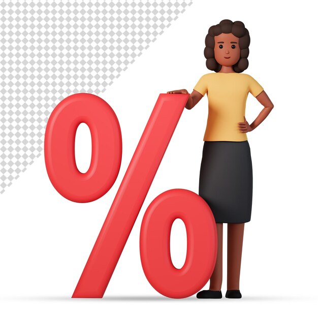 PSD african american woman character holding percent sign 3d illustration