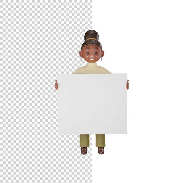 African american woman holding a blank white board in her hands for promotional your text 3d render