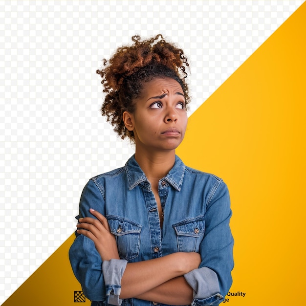 PSD african american woman standing with doubt expression over isolated yellow isolated background