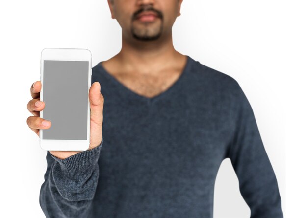 African descent man holding phone