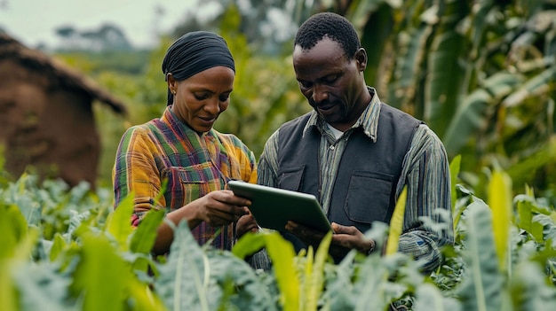 African farmers using tablet in field