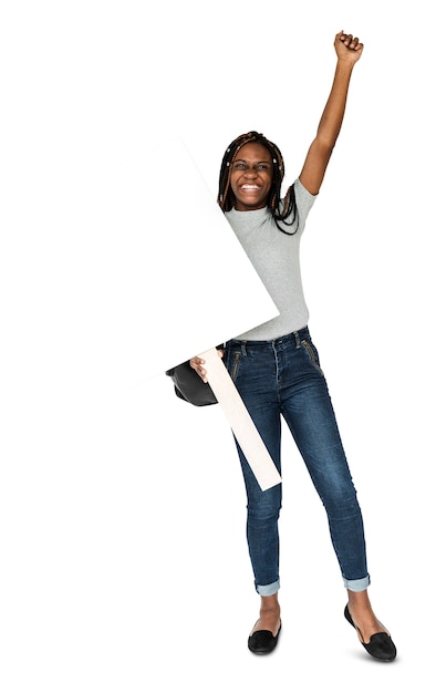 African girl arms raised and holding blank banner