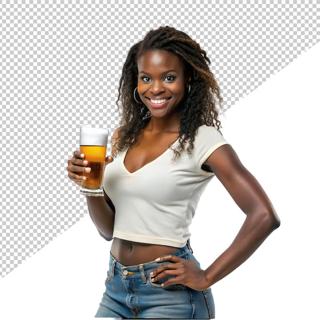 Ragazza africana con una birra sullo sfondo trasparente