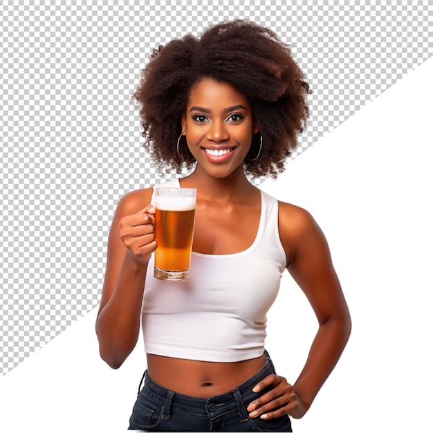 Ragazza africana con una birra sullo sfondo trasparente