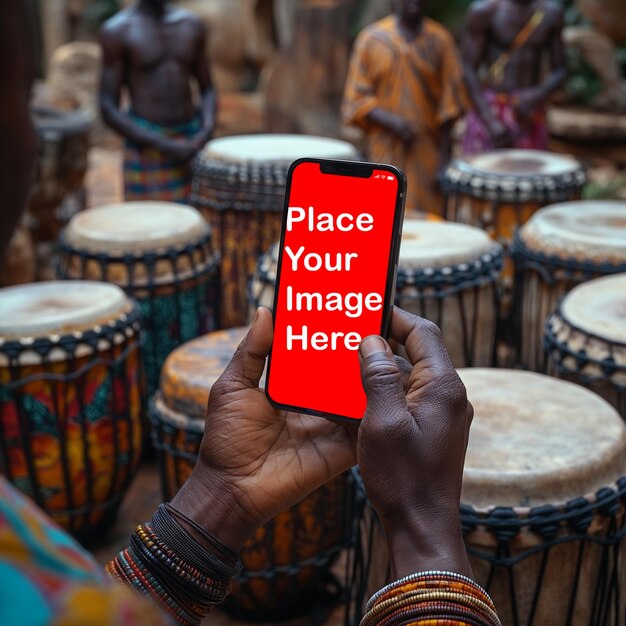 An african male hand raising a new iphone with drummers