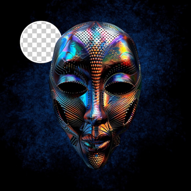 PSD african totem voodoo mask fluid holographic metallic gradient colors on black background