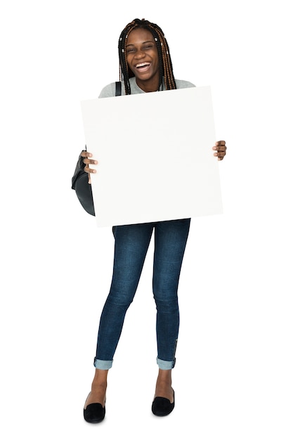 African woman holding copyspace placard