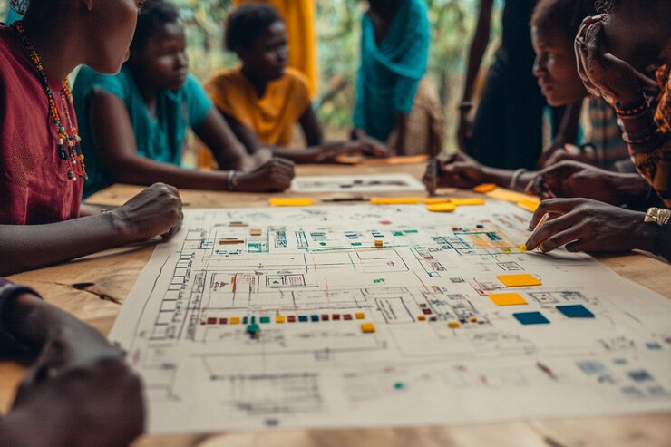 PSD african women collaborate on a large project plan using sticky notes and drawings on a table