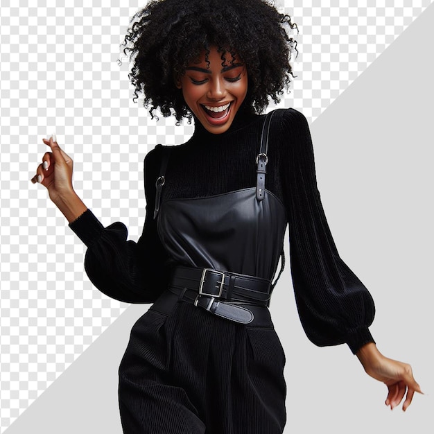 PSD afro american beauty dancing laughing face casting in black satin clothes on transparent background