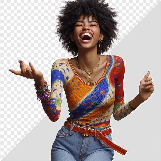 PSD afro american beauty dancing laughing face casting in colorful clothes on transparent background