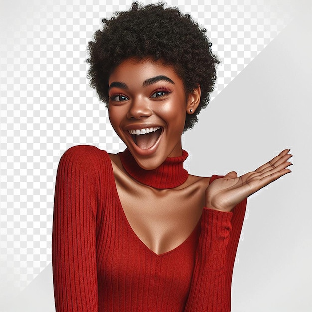 PSD afro american beauty dancing laughing face casting in red satin clothes on transparent background