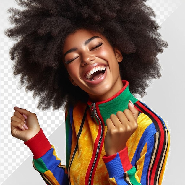 PSD afro-amerikaanse schoonheid die danst en lacht met kleurrijke kleren op een doorzichtige achtergrond.