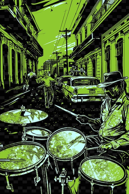PSD Афро-кубинские перкуссионисты играют на улице гаваны с идеей музыкального плаката с иллюстрацией cl vector
