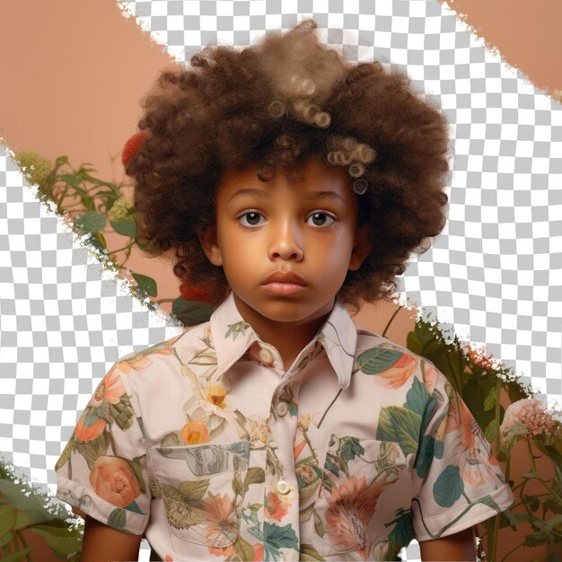 Afro curly boy frustration to fascination close up eyes in gardening attire on pastel beige