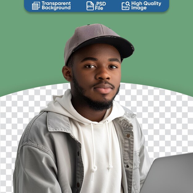 Afro man half body portrait of computer programmer with laptop in network security hacking