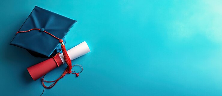 PSD afstudeerkap en diploma op een blauwe achtergrond