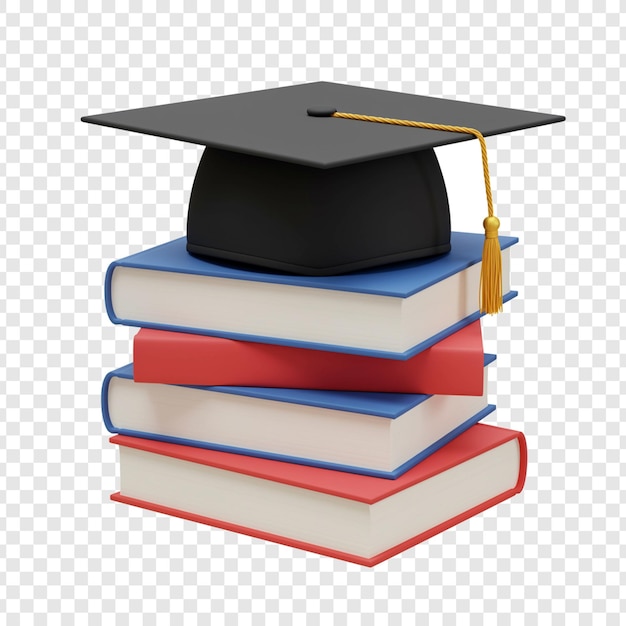 Afstudeerkap op een stapel boeken op een doorzichtige achtergrond