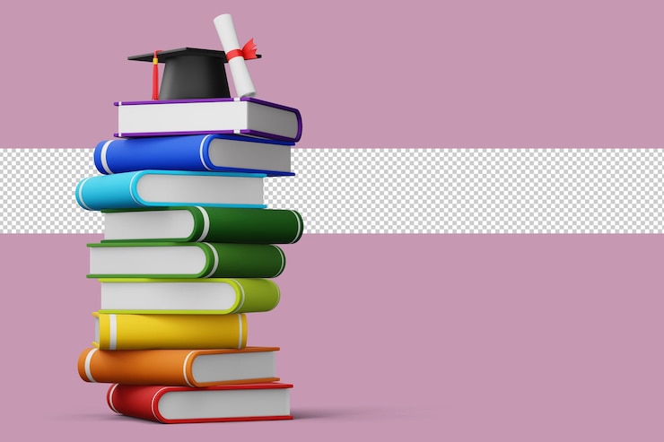 PSD afstudeerpet met diploma en kleurrijke boek 3d-rendering