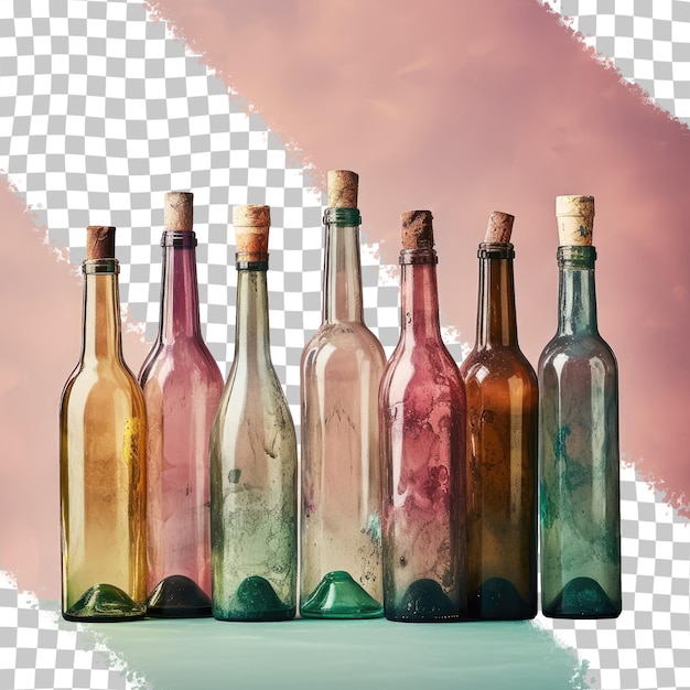 PSD aged wine bottles standing alone transparent background