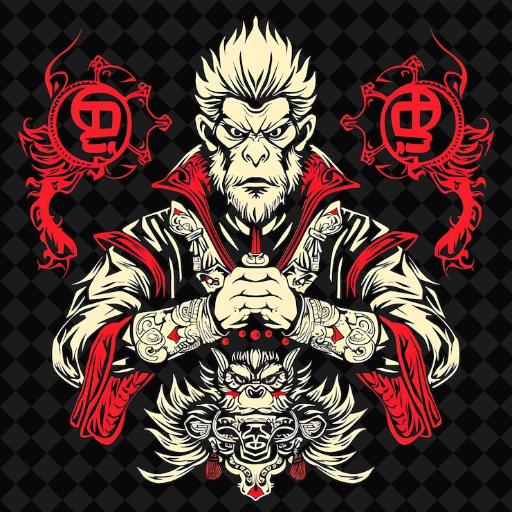 PSD agile asian langur kung fu portrait holding a emei piercer w illustration animal warrior character