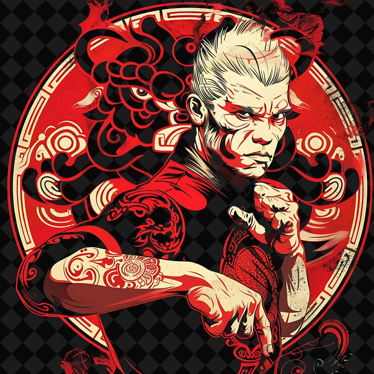 PSD agile asian langur kung fu portrait holding a emei piercer w illustration animal warrior character