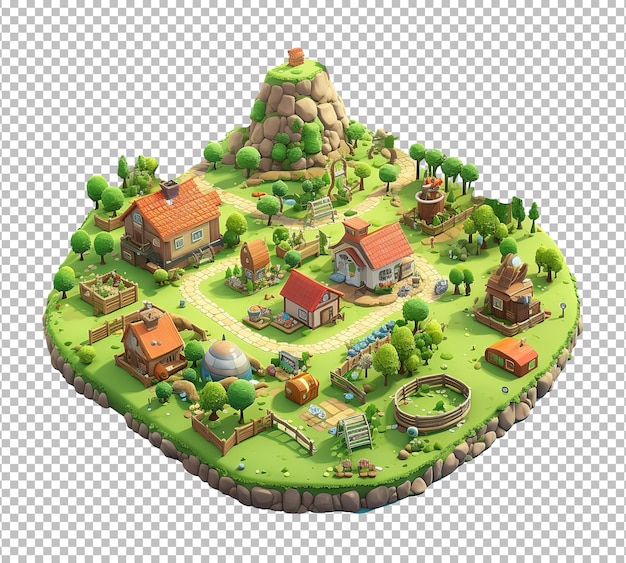 Agricultural industry isometric 3d farm land and trees with green grass farm house and 3d farmland