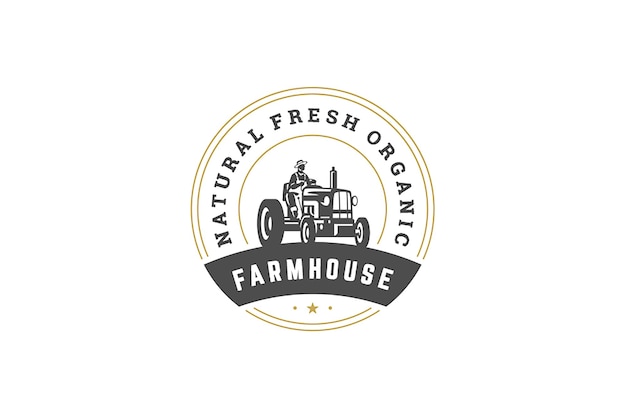 agricultural male worker harvesting vegetables straw on tractor machine logo design template