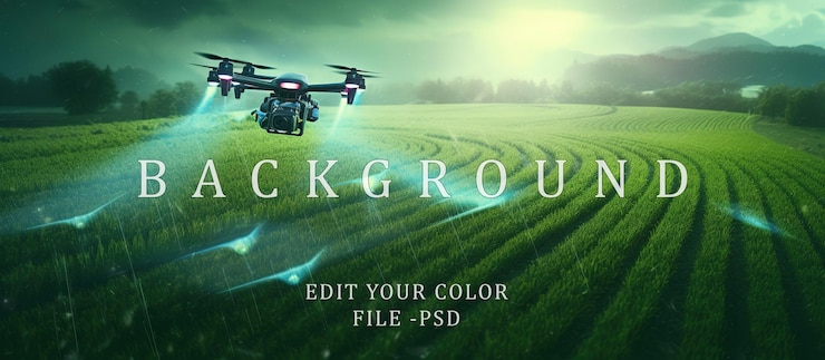 PSD agricultural technology concept drones spray farmers green fields