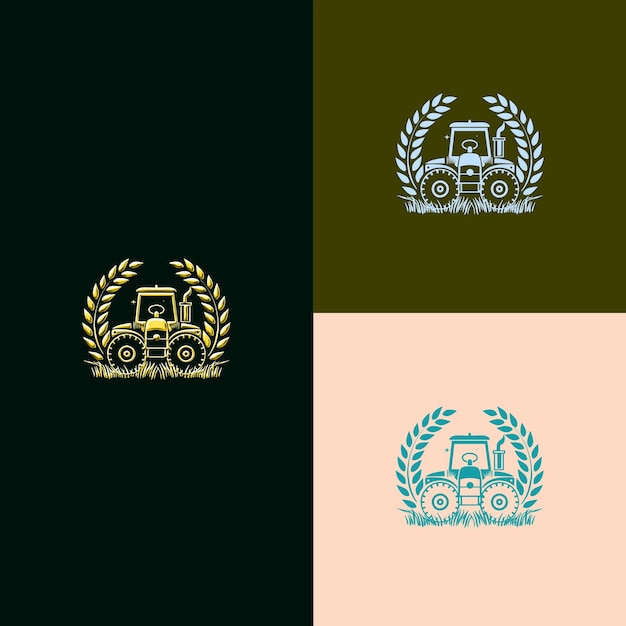 PSD agricoltura e agricoltura award badge logo con trattore e wh disegni vettoriali creativi e unici