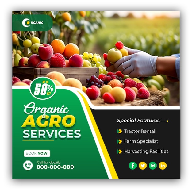 PSD Сельское хозяйство, сад, агроферма и фермерские услуги, пост в социальных сетях, шаблон баннера, созданный ai