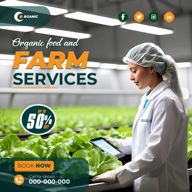 PSD modello di banner per post sui social media per servizi agricoli e agricoli da giardino agricolo generato ai