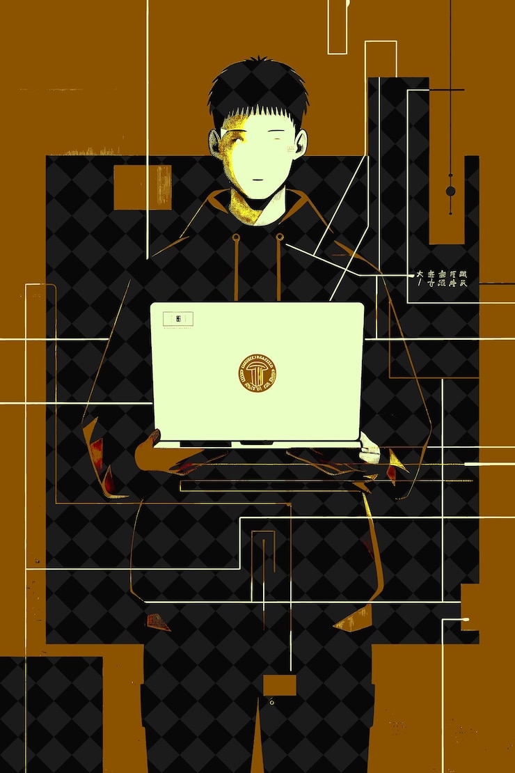PSD 네트워크에서 노트북을 들고 있는 ai assisted alumni network r 평평한 일러스트레이션 배경 디자인