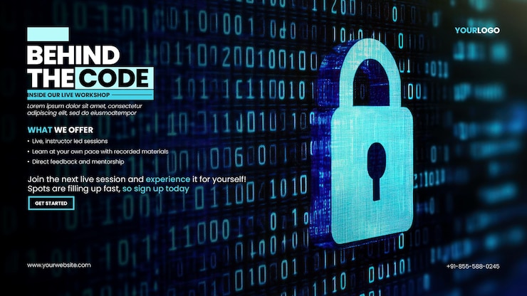 PSD ai coding online learning banner template with closeup of numbers and computer code with a digital lock icon