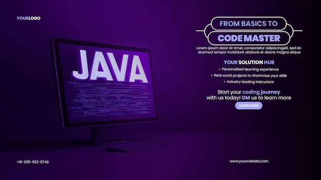 アイ・コーディング・テク・コーディング バナー・テンプレート 紫色の画面で Java とコードの文字が表示されます