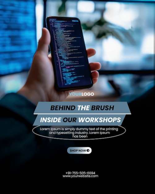 ai coding web development poster template with person holding a phone with screen displaying computer code