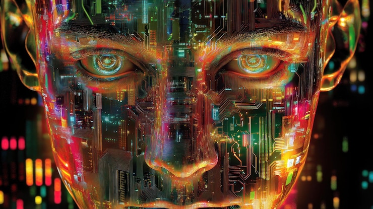 PSD ai humanoid face circuit board glowing eyes