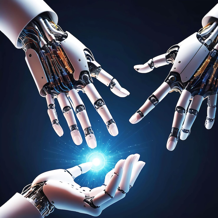PSD ai machine learning hands of robot and human touching on big data