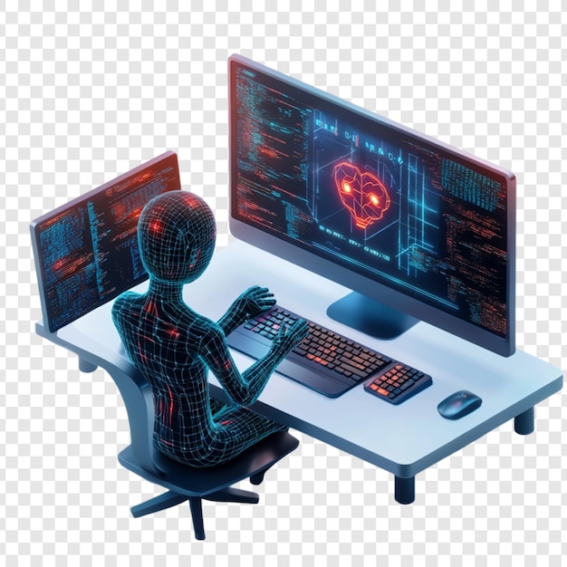 AI 프로그래머는 미래의 기술을 사용하여 책상에서 코딩합니다. 신경망, 뇌 인터페이스, 디지털 스크린, 반이는 키보드, 마우스, 여러 모니터.