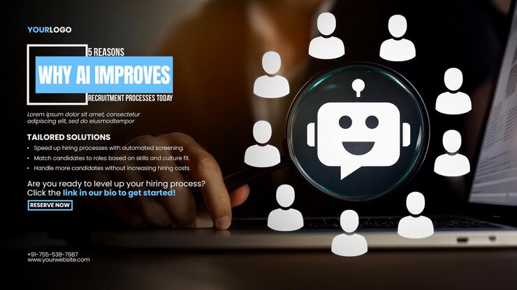 PSD ai recruitment recruitment chatbots banner template with businessman examines a customer profile icon on a laptop with a magnifying glass