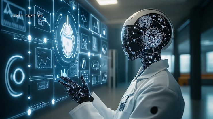 PSD ai robotic doctor analyzes medical data on a holographic interface
