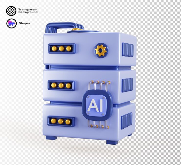 PSD ai 서버 3d 렌더링 아이콘 인공지능 컴퓨터 프로세서  기술 장비 gpu 그래픽 프로세싱 유 신경 네트워크 기계 학습 데이터 센터