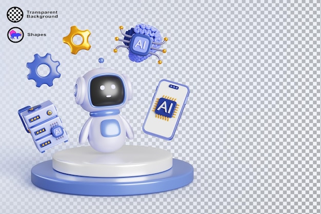 AI technology 3d banner Chatbot robot on platform with mobile phone data server brain with chip icon gears Artificial intelligence in science and business smart machine concept