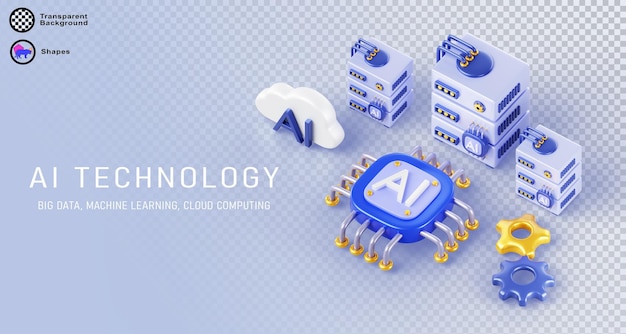 AI technology isometric 3d banner Artificial intelligence server with chip processor gpu and gears on blue background render Big data machine learning and cloud computing concept