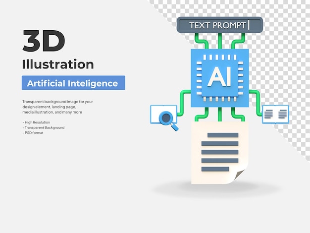 AI tekst prompt til artikelgenerering kunstig intelligens ikon 3d illustration