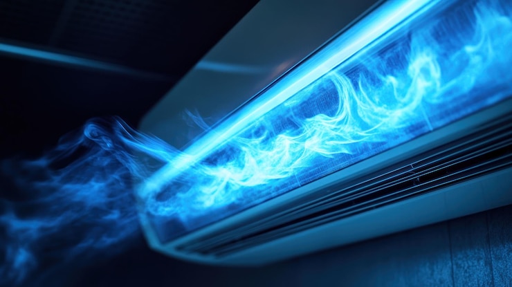 PSD air conditioner emitting cool blue air smoke effect