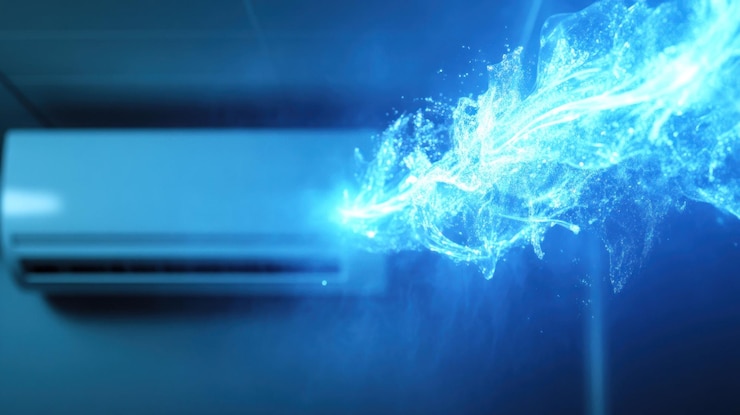 PSD air conditioner emitting cool blue energy stream